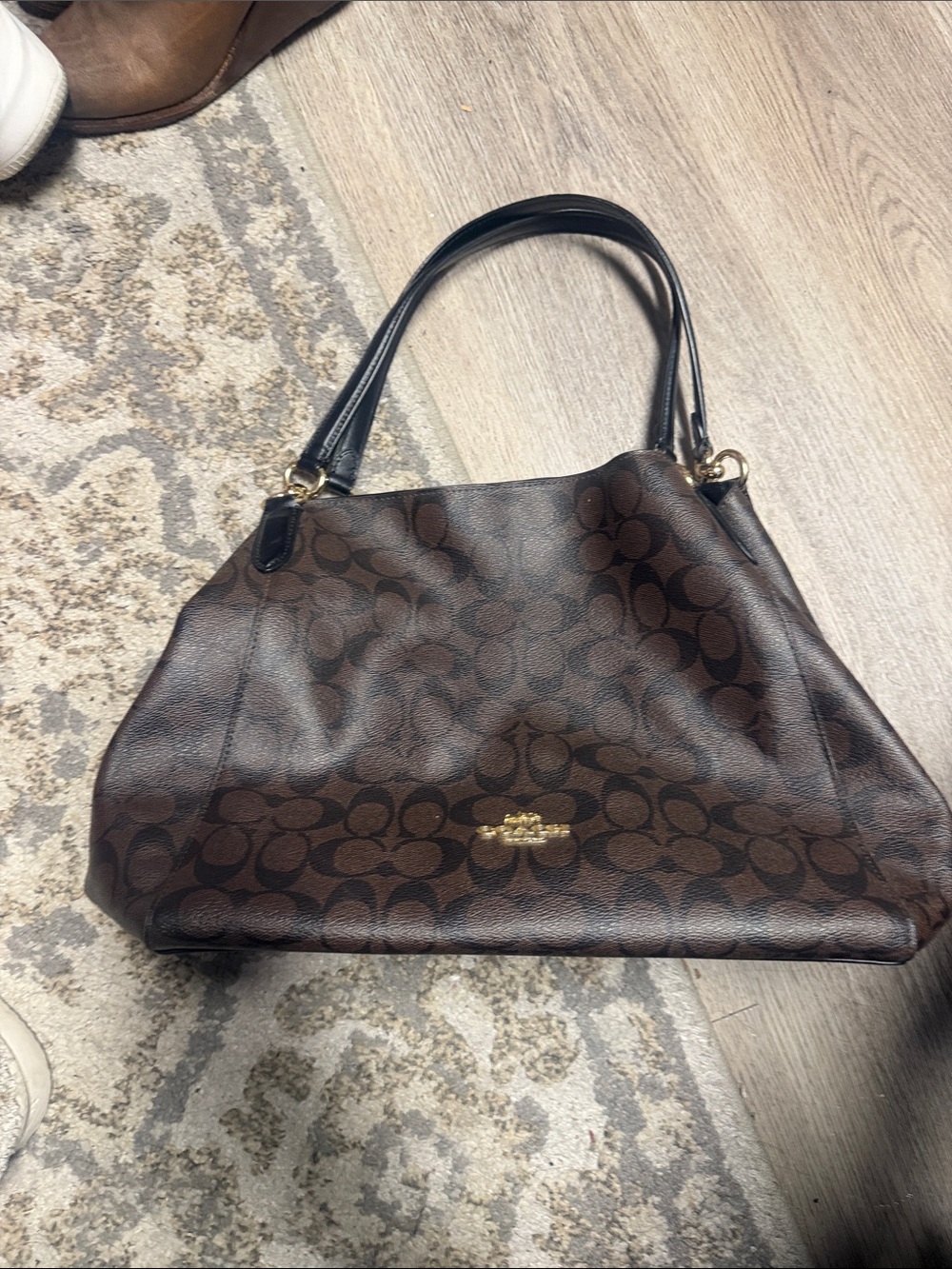 Coach Brown Signature Canvas Shoulder Bag with Black Straps